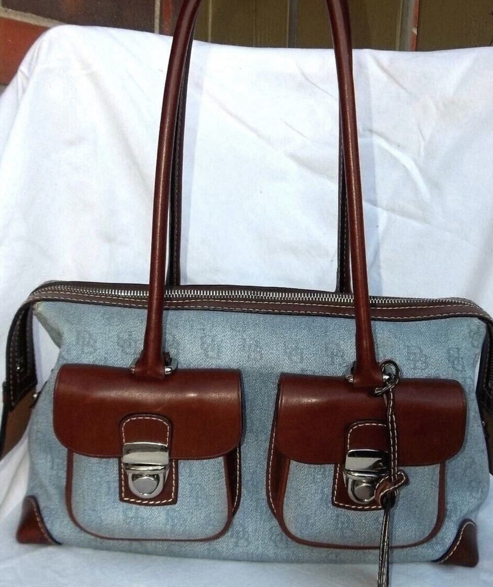 NWT Vintage Dooney & Bourke Blue Denim DB Logo Double Pocket Satchel Saddle Bag